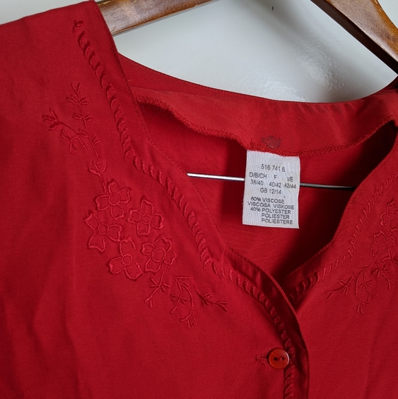 Vintage Red Embroidered Short Sleeve Button Down Blouse - Picture 2 of 16